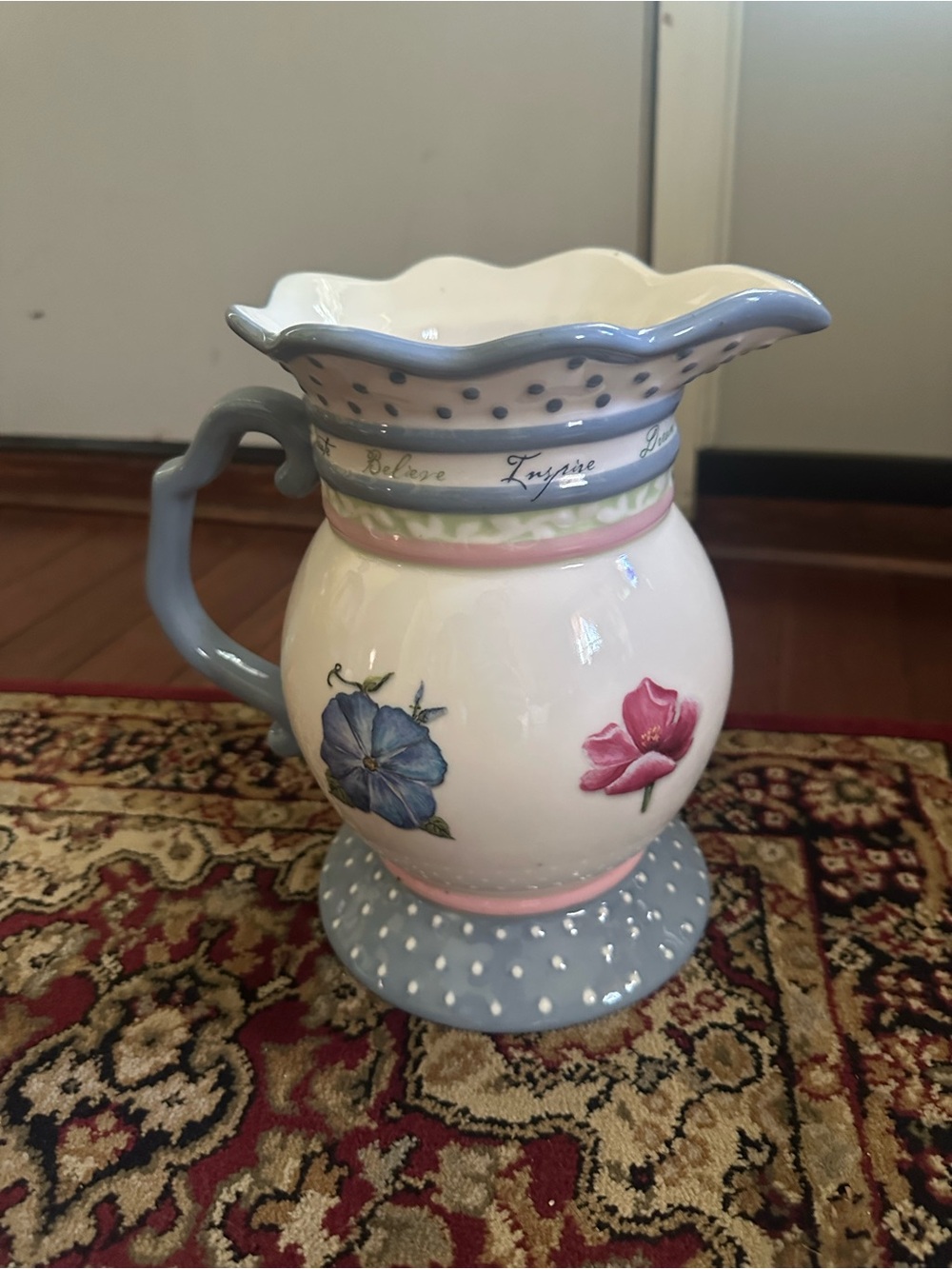 Ceramic Floral Pitcher in Blue, Pink and Cream - Decorative Vase